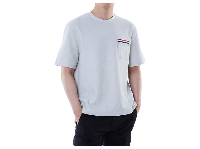 Thom Browne T-shirt redonda de lin e algodão com riscas e bolso - vista 13