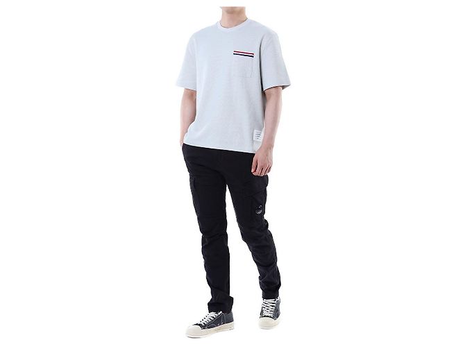 Thom Browne T-shirt redonda de lin e algodão com riscas e bolso - vista 15