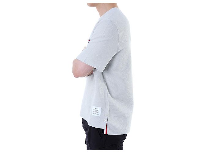 Thom Browne T-shirt redonda de lin e algodão com riscas e bolso - vista 17