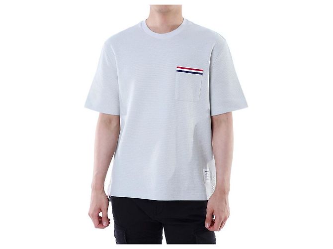 Thom Browne T-shirt redonda de lin e algodão com riscas e bolso - vista 4
