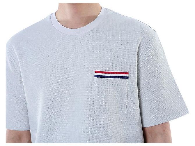 Thom Browne T-shirt redonda de lin e algodão com riscas e bolso - vista 5