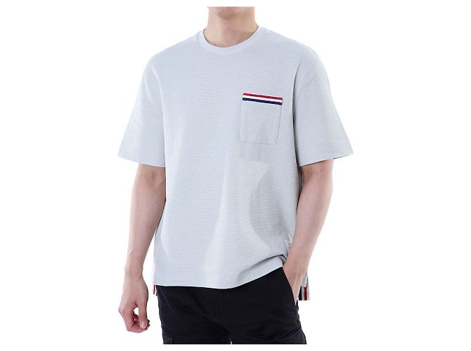 Thom Browne T-shirt redonda de lin e algodão com riscas e bolso - vista 8