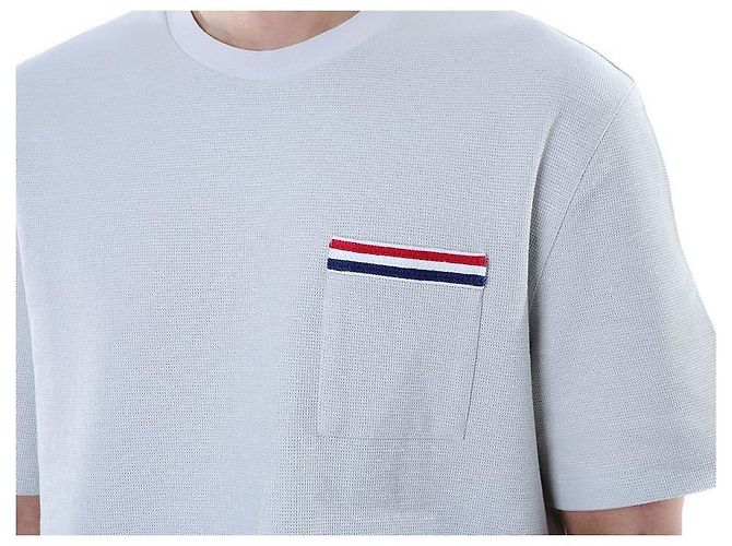 Thom Browne T-shirt redonda de lin e algodão com riscas e bolso - vista 9