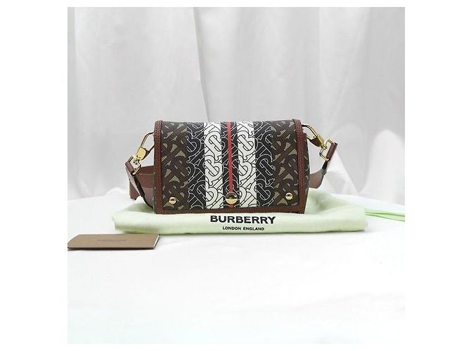 Burberry Picca borsa crossbody in pelle marrone ed E-Canvas a righe monogram - vista 2