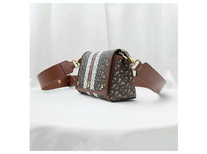 Burberry Picca borsa crossbody in pelle marrone ed E-Canvas a righe monogram - vista 3