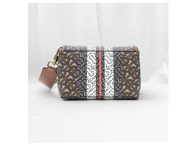 Burberry Picca borsa crossbody in pelle marrone ed E-Canvas a righe monogram - vista 4