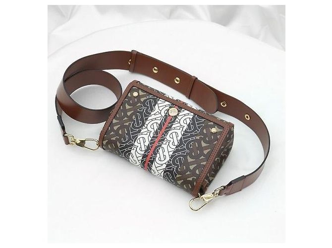 Burberry Picca borsa crossbody in pelle marrone ed E-Canvas a righe monogram - vista 5