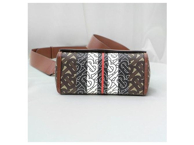 Burberry Picca borsa crossbody in pelle marrone ed E-Canvas a righe monogram - vista 6