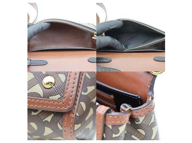 Burberry Picca borsa crossbody in pelle marrone ed E-Canvas a righe monogram - vista 7