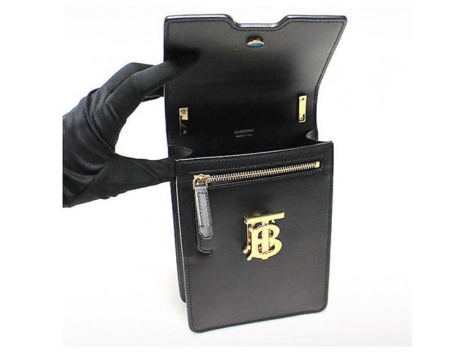 Burberry Mini borsa a tracolla Robin in pelle di vitello liscia nera e oro - vista 5