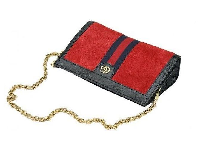 Gucci Picca borsa a tracolla in camoscio rosso con catena - vista 4
