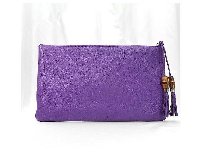 Bamboo Gucci Clutch Pouch in pelle di vitello viola con bambù - vista 4