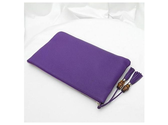 Bamboo Gucci Clutch Pouch in pelle di vitello viola con bambù - vista 5