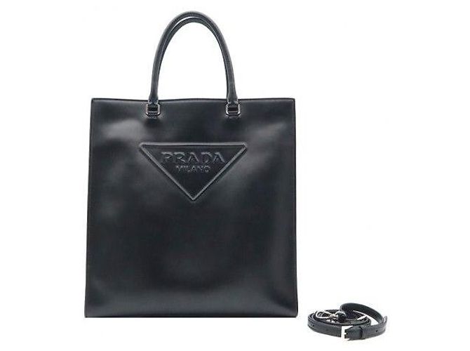 Prada Borsa Tote in pelle morbida nera con lettere embossed a triangolo - vista 2