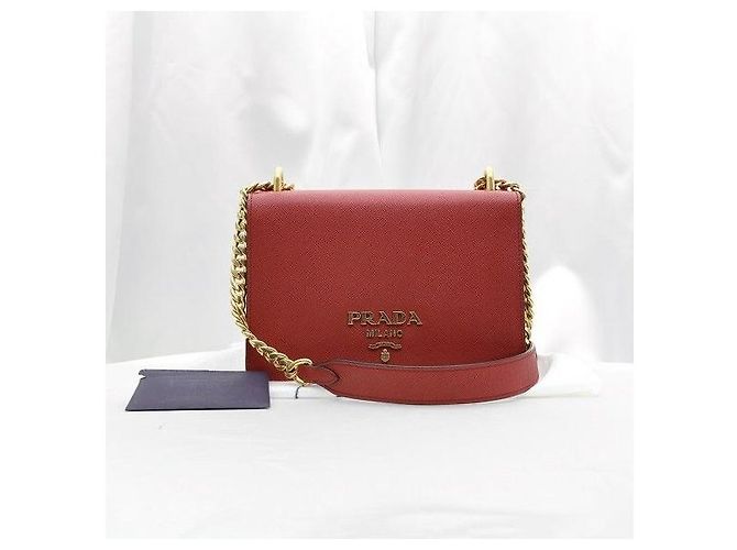 Prada Borsa a spalla con patta e catena in pelle di vitello morbida Saffiano rossa - vista 2