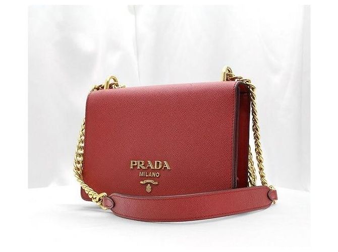 Prada Borsa a spalla con patta e catena in pelle di vitello morbida Saffiano rossa - vista 3