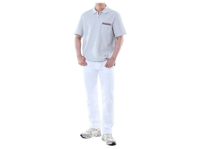 Thom Browne Polo in lino e cotone a tre strisce (Gray) - vista 14