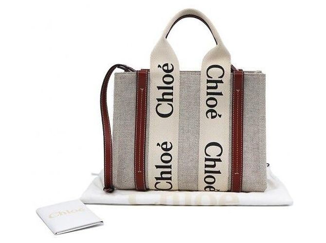 Chloé Woody Mini in tela di lino e vitello lucido marrone - vista 2
