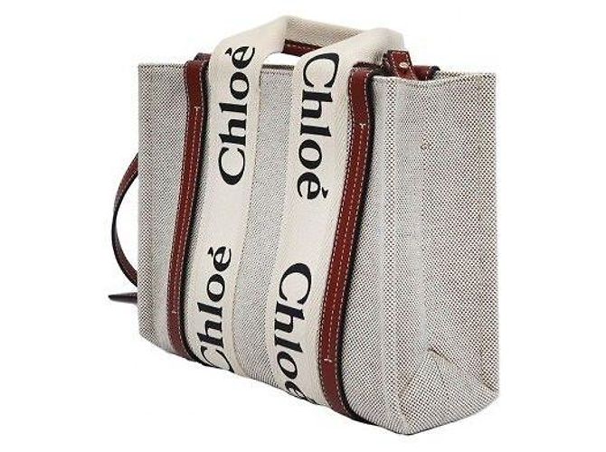 Chloé Woody Mini in tela di lino e vitello lucido marrone - vista 3