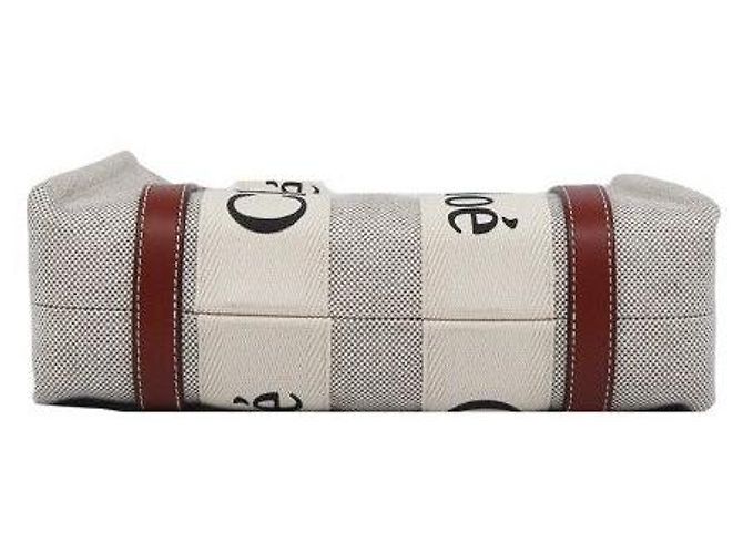 Chloé Woody Mini in tela di lino e vitello lucido marrone - vista 5