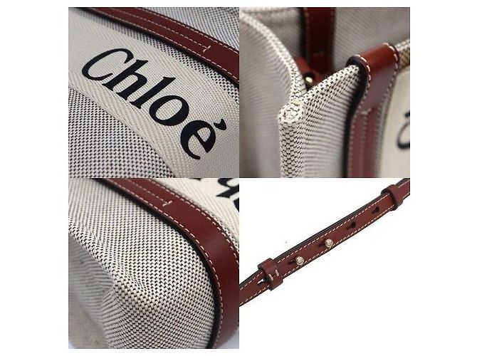Chloé Woody Mini in tela di lino e vitello lucido marrone - vista 8