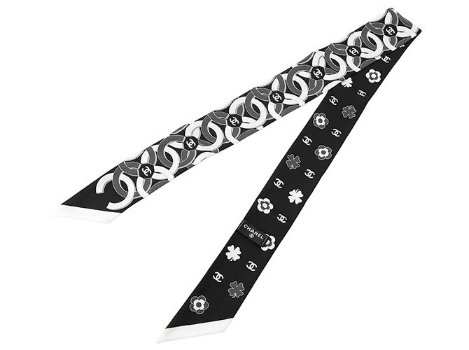 Foulard bandeau in seta Chanel bianco e nero camelia - vista 2
