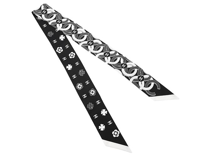 Foulard bandeau in seta Chanel bianco e nero camelia - vista 3