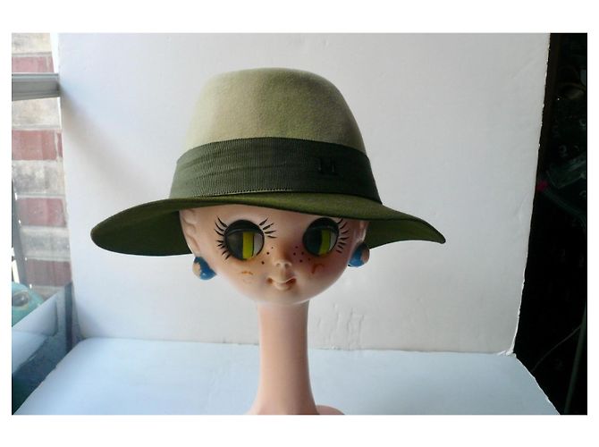 Maison Michel Cappello Fedora in Feltro Beige e Verde Kaki - vista 2