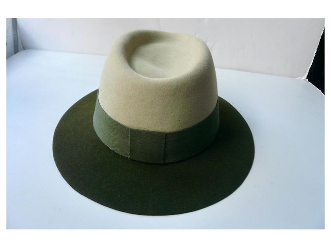 Maison Michel Cappello Fedora in Feltro Beige e Verde Kaki - vista 3