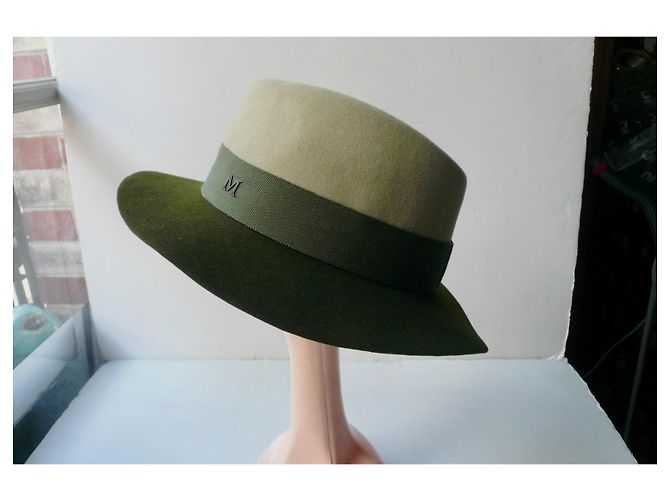 Maison Michel Cappello Fedora in Feltro Beige e Verde Kaki - vista 4