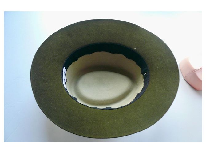 Maison Michel Cappello Fedora in Feltro Beige e Verde Kaki - vista 6