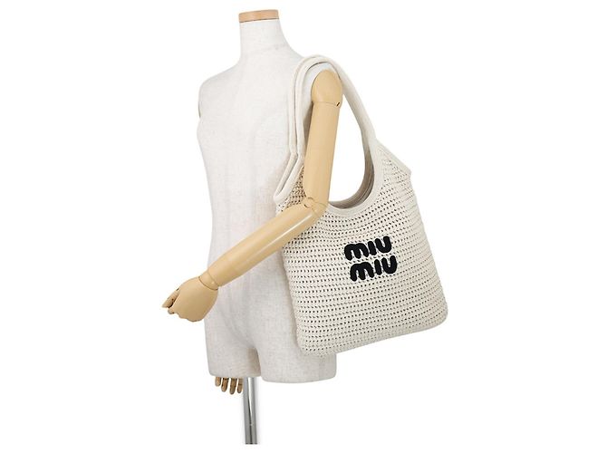 Borsa Tote Miu Miu in cotone avorio - vista 4
