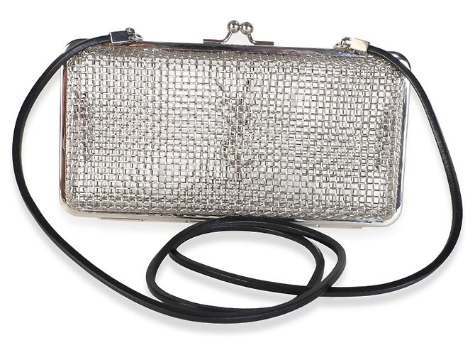 Autre Marque Saint Laurent Silver Metallic Brass Lambskin Monogram Cassandre Cage - vista 2