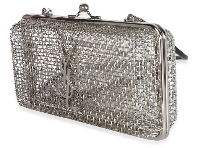 Autre Marque Saint Laurent Silver Metallic Brass Lambskin Monogram Cassandre Cage - vista 3