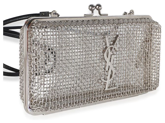 Autre Marque Saint Laurent Silver Metallic Brass Lambskin Monogram Cassandre Cage - vista 4
