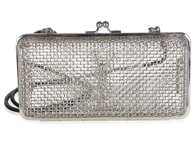 Autre Marque Saint Laurent Silver Metallic Brass Lambskin Monogram Cassandre Cage - vista 8