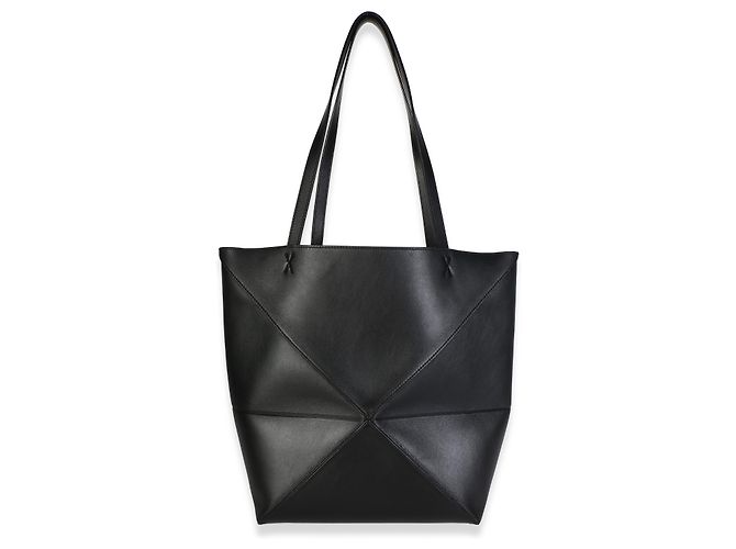 Borsa Tote Medium Puzzle Fold in pelle di vitello lucida nera Loewe - vista 2