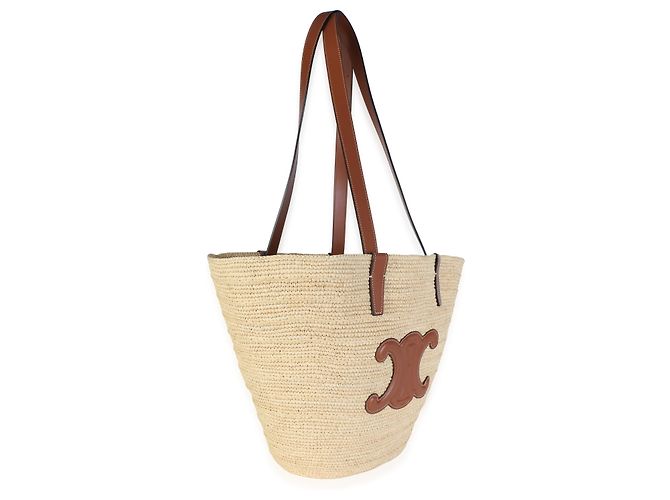 Céline Celine Panier Tote Medium Supple in vitello tan e rafia - vista 2