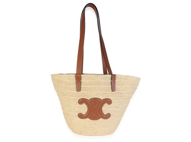 Céline Celine Panier Tote Medium Supple in vitello tan e rafia - vista 3