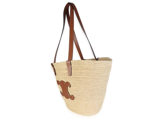Céline Celine Panier Tote Medium Supple in vitello tan e rafia - vista 4
