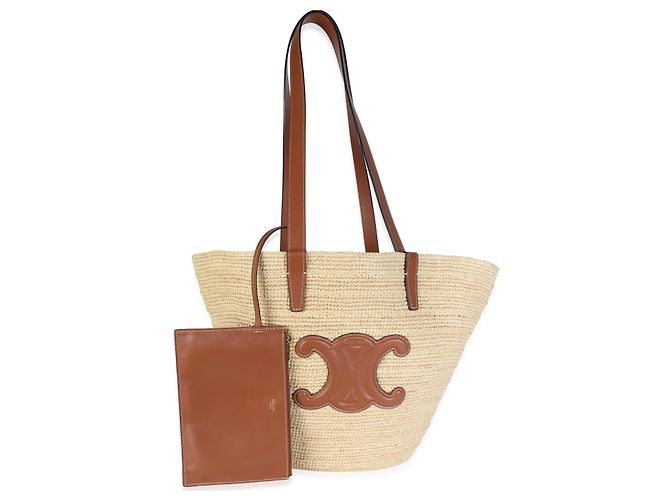 Céline Celine Panier Tote Medium Supple in vitello tan e rafia - vista 8