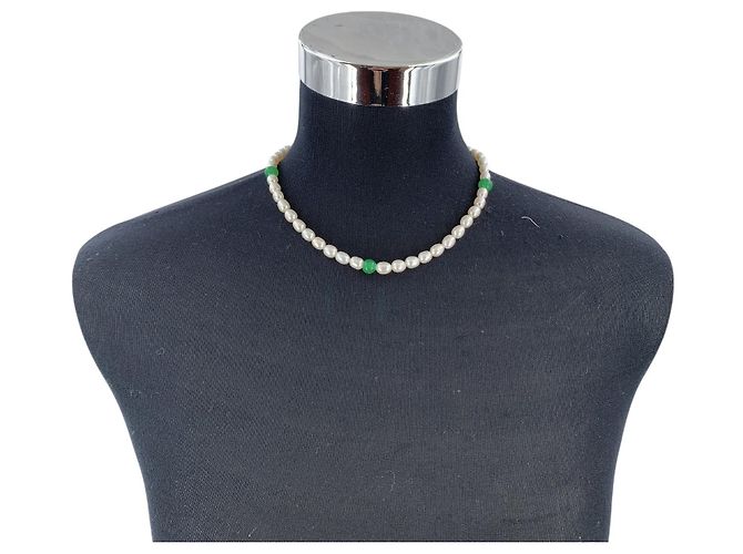 Autre Marque Collana di perle d'acqua dolce Vintage White 7mm e vetro giada verde 43cm - vista 2