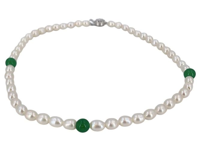 Autre Marque Collana di perle d'acqua dolce Vintage White 7mm e vetro giada verde 43cm - vista 5