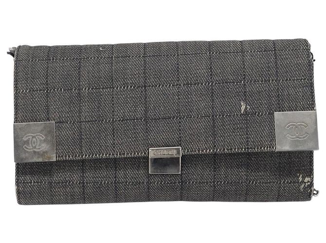 CHANEL Choco Bar Chain Shoulder Bag Canvas Gray Silver CC - vista 13