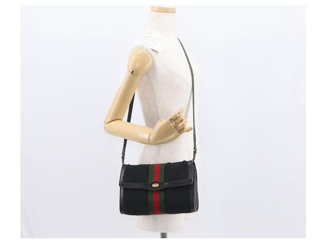GUCCI GG Canvas Web Sherry Line Shoulder Bag Black Red Green - vista 21