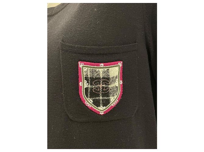 Chanel Langarm-Top aus schwarzer Wolle mit Wappen-Patch - Ansicht 7