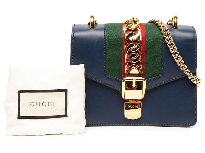 Bolsa Gucci Blue Mini Calfskin Web Sylvie Chain Satchel - vista 6