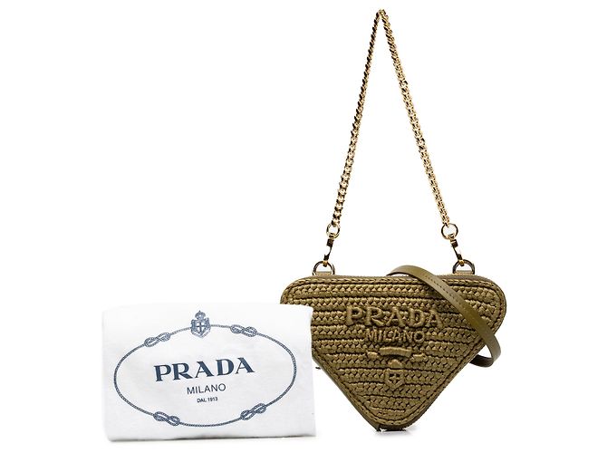 Pouch Prada Triangle Mini in crochet di rafia verde con logo ricamato - vista 7