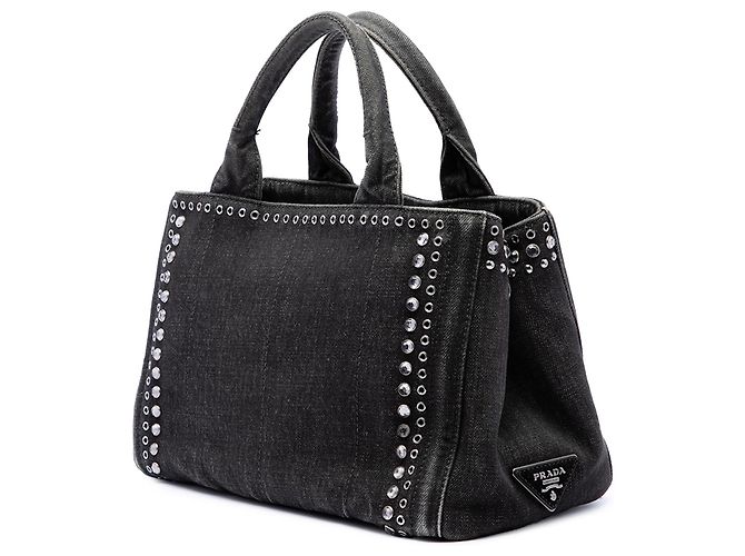 Tote Prada in denim grigio borchiato con logo Canapa - vista 2