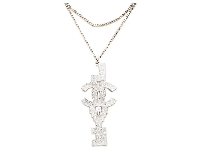Collana a doppia catena Chanel Silver CC in ottone e strass con pendente Love - vista 5